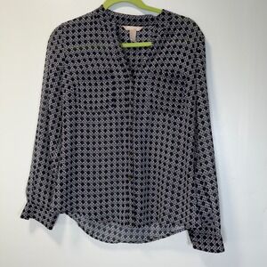 Banana Republic Women Navy White Geometric Sheer Button Down Blouse Small